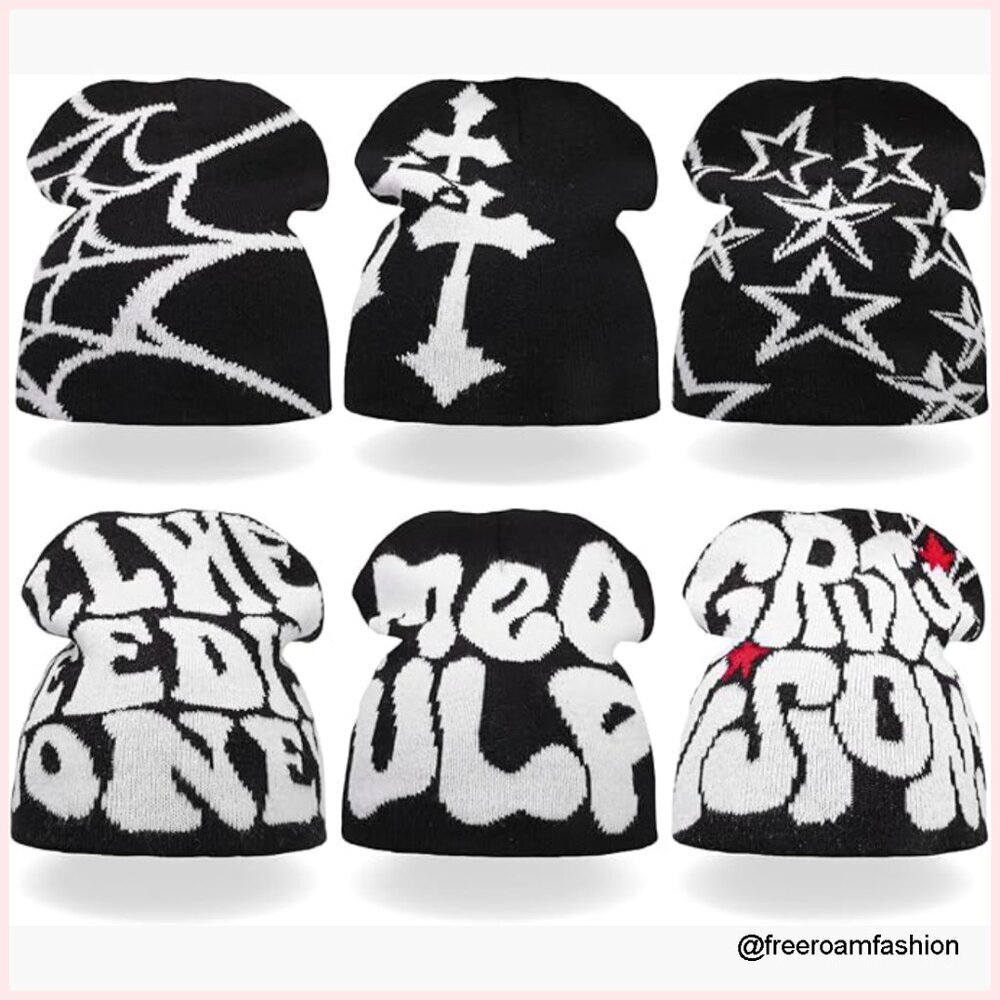 6-Pack Unisex Knitted Beanies with Spider Web Star Cross Graphics Y2K Streetwear